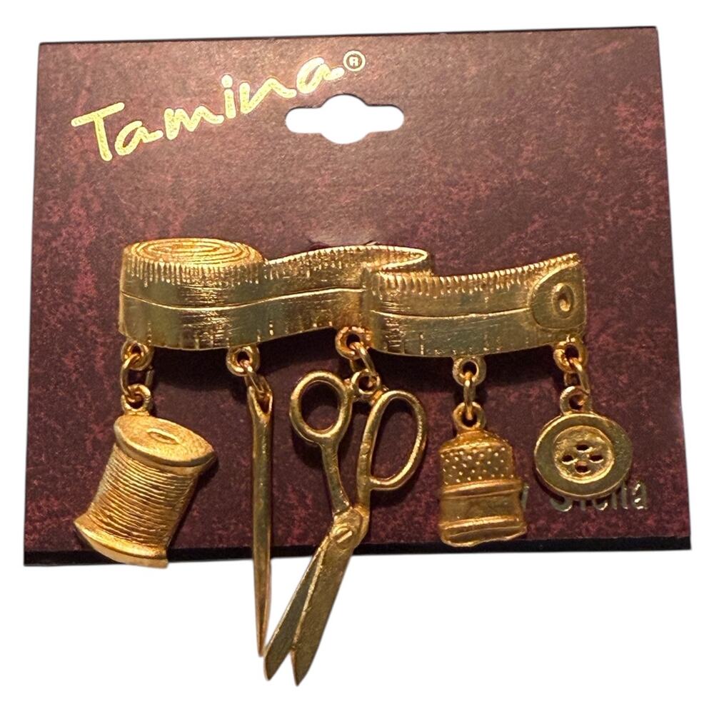 Tamina Wholesale Lot 12 Gold Sewing Brooch Pin Tape Measure Scissors Thimble NWT